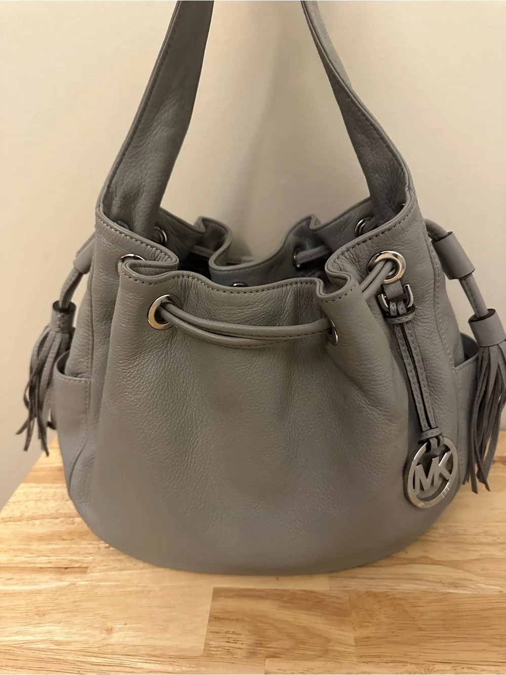 Michael Kors Gray Pebbled Leather Drawstring Hobo with Tassel